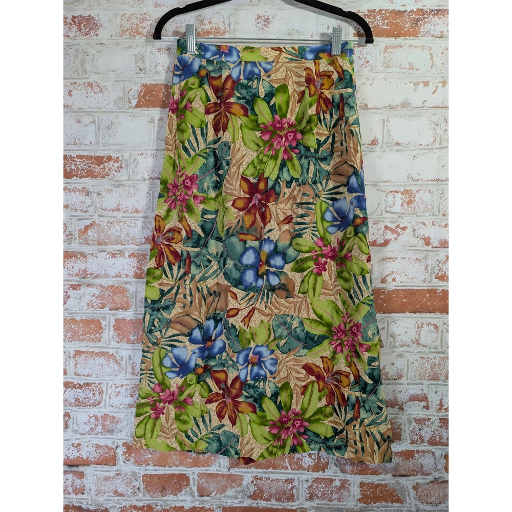 Maggy London Skirt Women 4P Multicolor Tropical Floral 100% Silk Midi Vintage